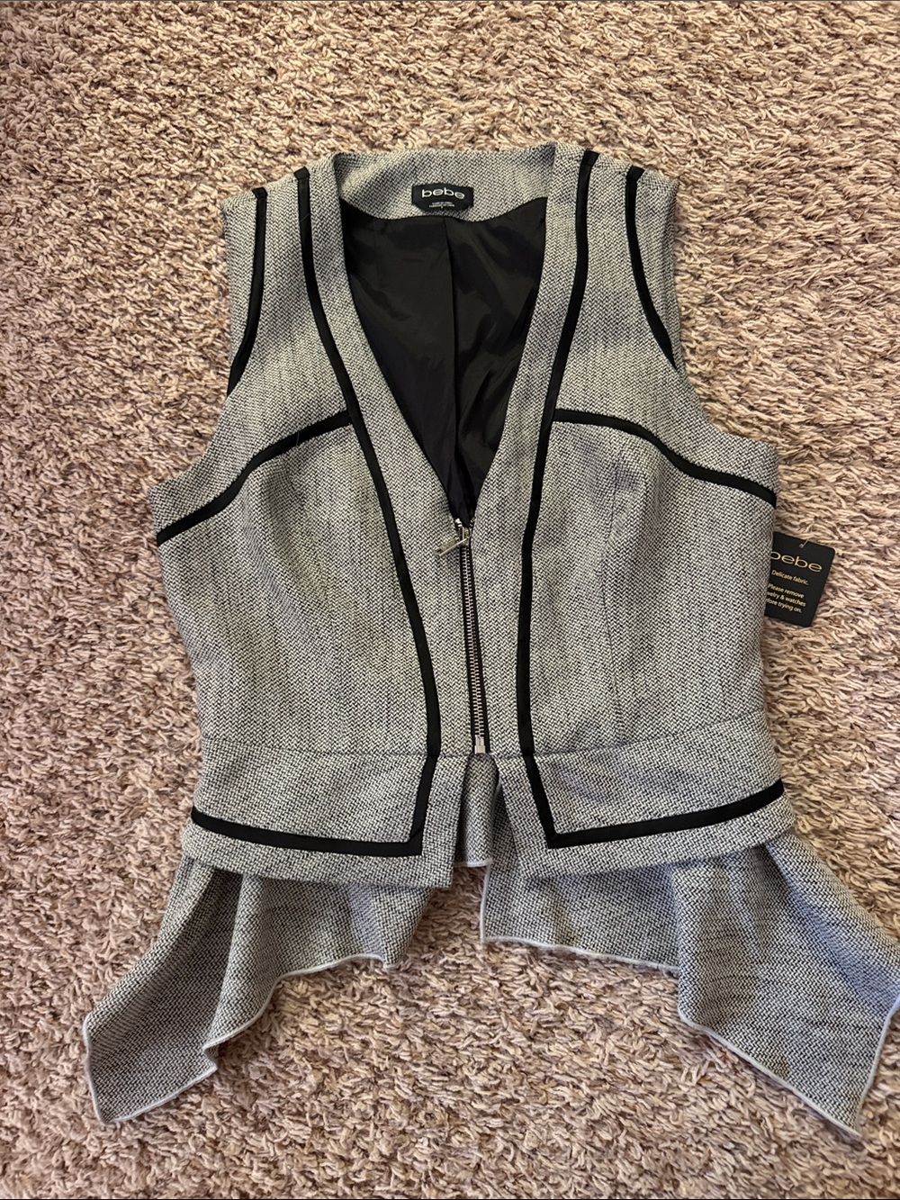 NWT Bebe Gray Tweed Peplum Zip Vest with Black Trim